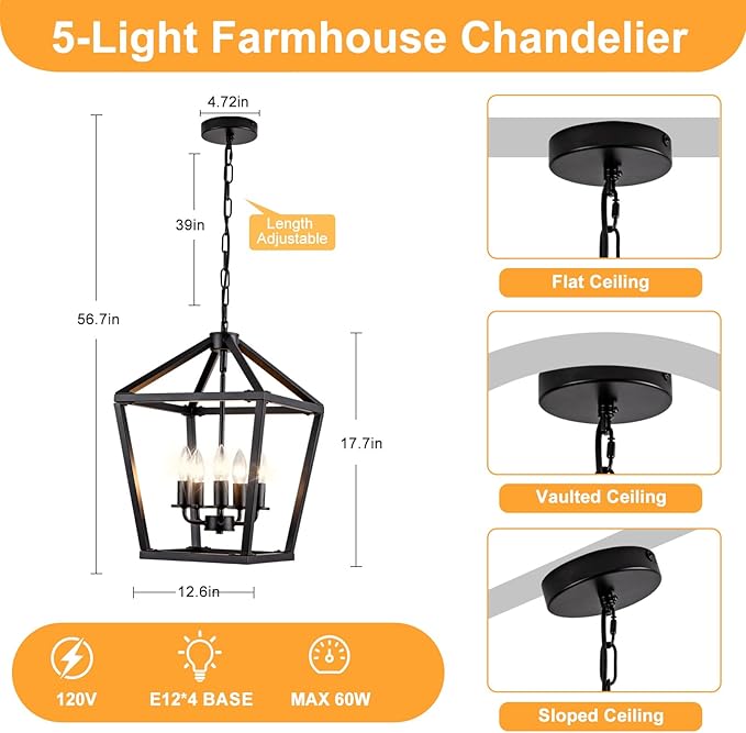 5-Light Black Pendant Lights Kitchen Island, 13 Inch Farmhouse Pendant Light, Adjustable Height Iron Lantern Black Pendant Light Fixtures, Cage Farmhouse Chandelier Island Lights for Kitchen Foyer