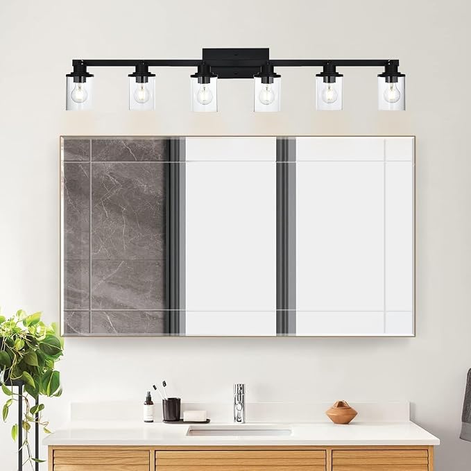 Yaohong 6-Light Track Lighting Kit Black Track Lighting Fixtures, Bathroom Wall Light Ceiling Mount Rotatable Spotlights, Kitchen Ceiling Light Fixtures with Glass Shade for Bathroom Hallway Shop