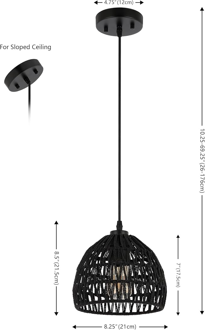 JONATHAN Y Campana 1-Light Pendant Dome Ceiling Lamp, 8.25", Black | Modern Coastal Farmhouse Decor, Adjustable Height, Woven Rope Metal Frame, LED Bulb Included, UL Listed