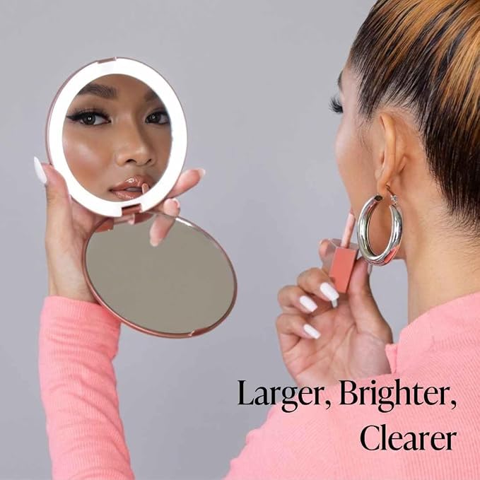 Fancii LED Lighted Travel Makeup Mirror, 1x/10x Magnification - Daylight LED, Compact, Portable, Large 5" Wide Illuminated Folding Mirror - Lumi (Rose Gold)