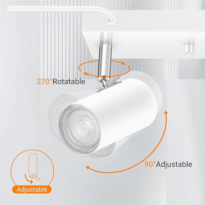 4 Light Track Lighting Kit,White 4 Way Modern Plug in Ceiling Spotlight,Industrial LED Wall Light for Kitchen Cabinet Gallery Bar Hallway Living Room,Rocker Switch,15 Foot Cord(No Bulb)
