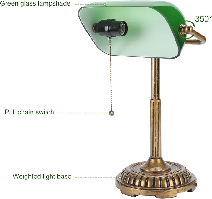 NISSAFORS Bankers Lamp, Green Desk Lamp with Pull Switch, Vintage Table Lamps for Home Office, Library, Piano (Green)