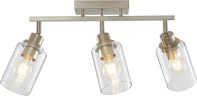 LOUSACE 3 Light Brushed Nickel Track Lighting, Modern Flush Mount Seeded Glass Ceiling Light, Kitchen Ceiling Mounted Light Fixtures Over Sink for Dining Room Kitchen Bathroom Hallway