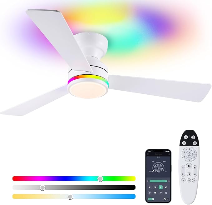 46" 3-Blade White Low Profile RGB Ceiling Fan with Light and Remote/APP | 11 RGB Modes,Reversible 6 Wind Speeds,Dimmable 3 CCT LED, 25W Quiet DC Motor,Timer,3 Double-Sided Blades,for Bedroom Party