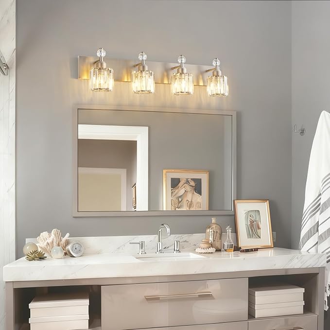 PRESDE 4-Light Brushed Nickel Vanity Light,Crystal Modern Bathroom Light Over Mirror,Wall Lighting Over Mirror Fixture