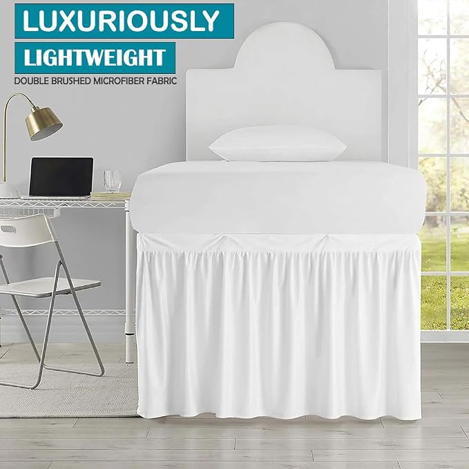 Dorm Bed Skirt, Twin XL, 42" Drop, White | Soft Microfiber Fabric, College dorm rooms, Hides under-bed storage, Fits 39"x80" Beds, Wrinkle-resistant, Machine Washable