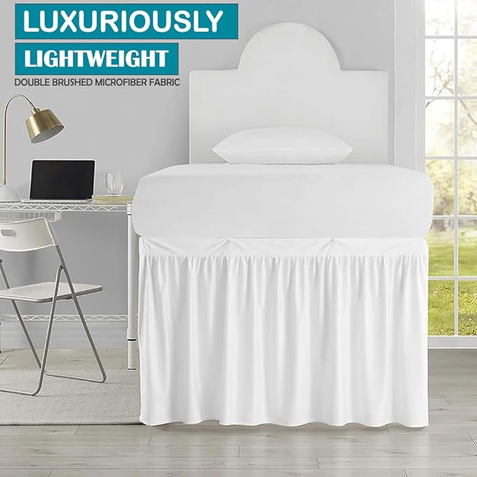 Dorm Bed Skirt, Twin XL, 34" Drop, White | Soft Microfiber Fabric, College dorm rooms, Hides under-bed storage, Fits 39"x80" Beds, Wrinkle-resistant, Machine Washable