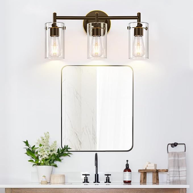 3-Light Bathroom Light Fixtures 2023 Upgrade, Oil-Rubbed Bronze Modern Vanity Lights with Clear Glass Shade, Bathroom Wall Sconces for Mirror Bedroom Living Room Cabinet