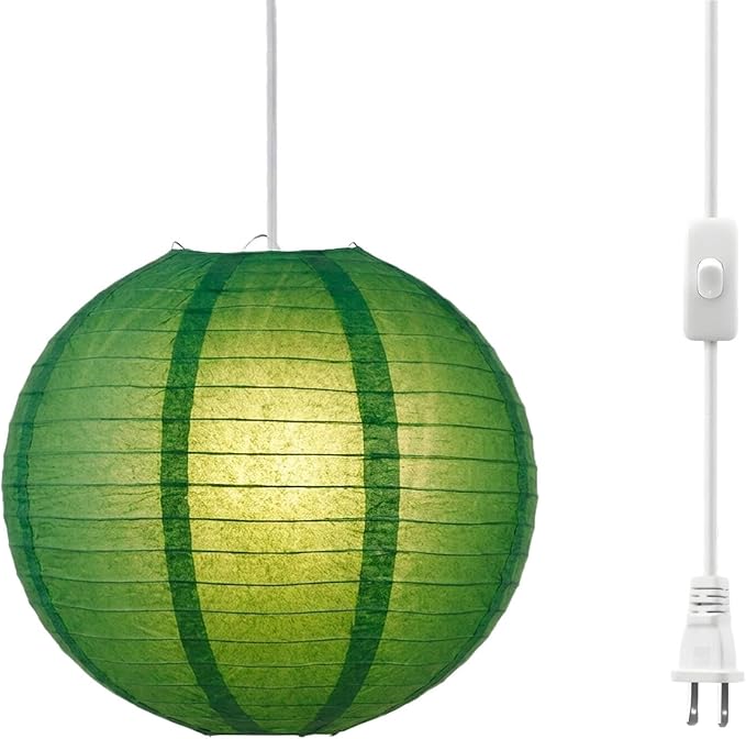 12 Inch Plug-in Paper Lantern Green Pendant Light, Rice Paper Lamp | Japanese Wabi-Sabi Light, 4.5M/15FT Adjustable Cord, E26 Socket, Soft Diffused Light for Bedroom, Dining Room & Cafe Decor
