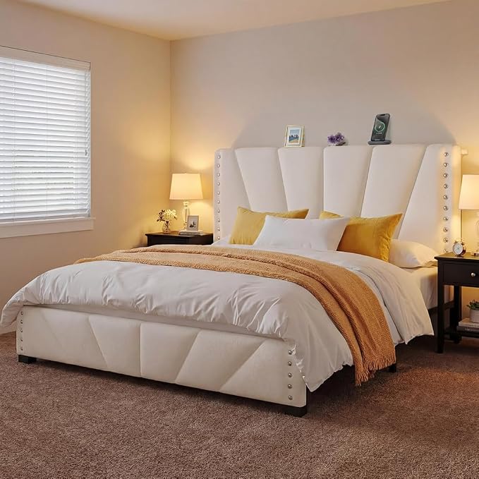 EnHomee King Size Bed Frame with Velvet Headboard, LED Lights & USB, Beige | Adjustable Velvet Headboard, Under-Bed Space,Heavy Duty Support with 12 Silent Slats, No Box Spring Needed, Easy Assembly