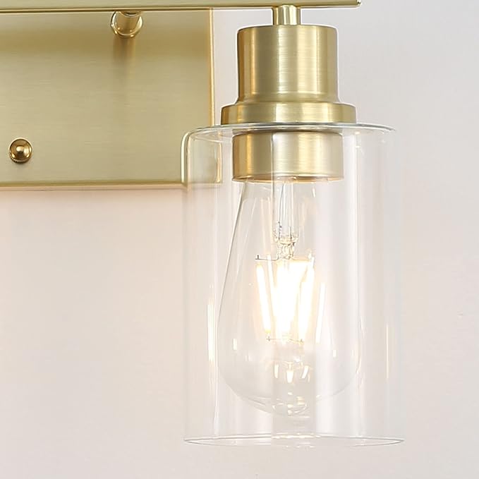 2-Lights Gold Bathroom Light Fixture, Brushed Brass Vanity Light with Clear Glass Shade, Modern Bath Wall Lights for Living Room, Hallway, Bedroom