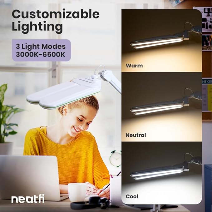 Neatfi Elite HD XL LED Desk Lamp | 3 Light Modes | Non-Polar Dimming | Eye-Caring Desk Light for Home Office, Drafting, Beauty Shop, Workbench (CCT with Clamp, Green Ring, 17 Inches)