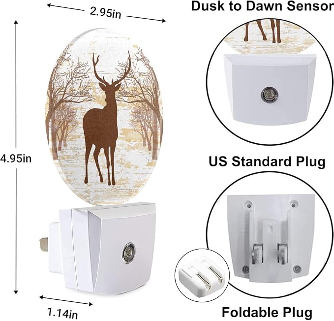 Deer Night Light Autumn Forest Wildlife Deer Maple Trees Night Lights Plug into Wall Auto on/Off LED for Bedroom Bathroom Staircase
