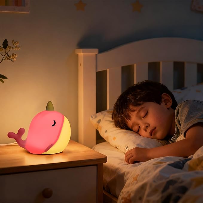 Cute Narwhal Night Light, Tap Control with 3 Warm White Brightness, USB Kids Bed Lamp with 30-Minute Timer, Soft Silicone Glow for Nursery, Birthday Gift(Pink Narwhal)