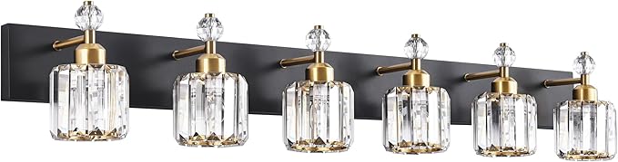 PRESDE Crystal 6 Light Bathroom Vanity Lights Black and Gold Bathroom Lights Fixtures Over Mirror Modern Bedroom Hallway
