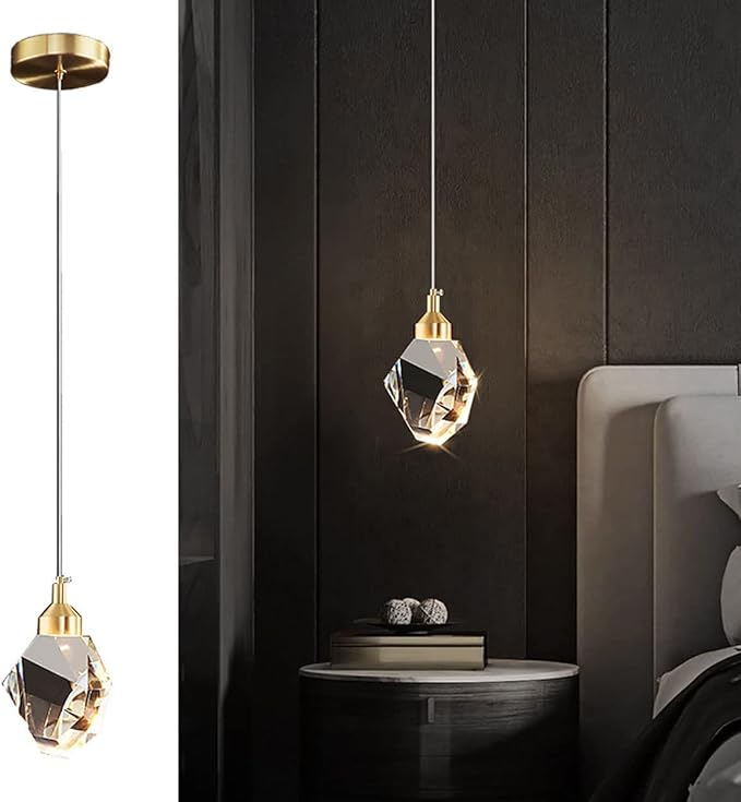 Modern Crystal Pendant Light, 3-Color LED Crystal Pendant Light, Adjustable Height Gold Ceiling Hanging Pendant Lamp, for Kitchen Island Bedroom Dining Room (Gold)