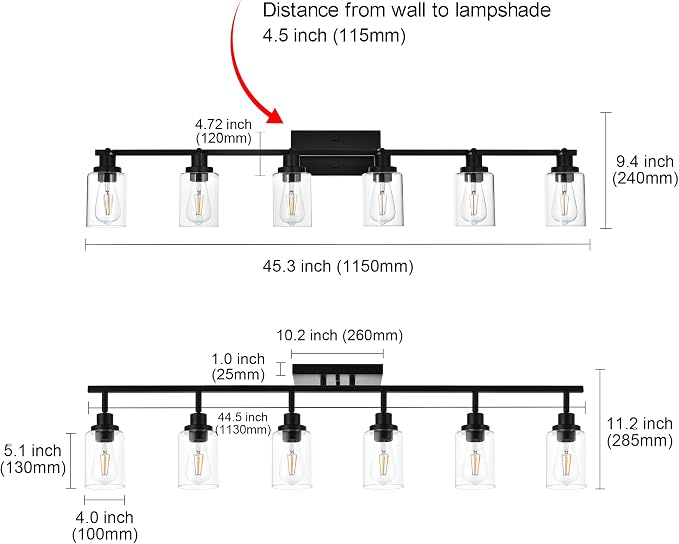 MELUCEE Ceiling Track Lighting Kits with Flexibly Rotatable Light Head | 6 Light Bathroom Light Fixtures Wall Mount Modern Black Spotlights with Clear Glass Shade, 45.3 Inch