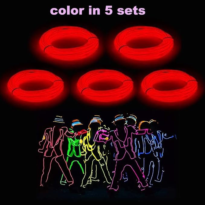 MaxLax EL Wire Red 5-Pack, 9ft/2.75m Neon Light Wire with Noise Reduction and Battery Pack…