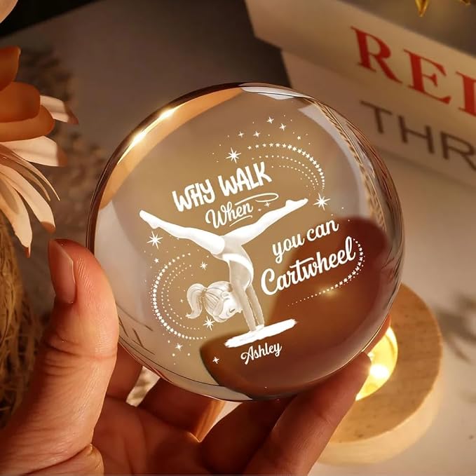 Why Walk When You Can Cartwheel Gymnastic Girl - Personalized Crystal Ball Night Light, Custom Gymnastics Cartoon Global Lamp for Girl, Gymnastic Girls Ball Lamp, Gift for Daughter