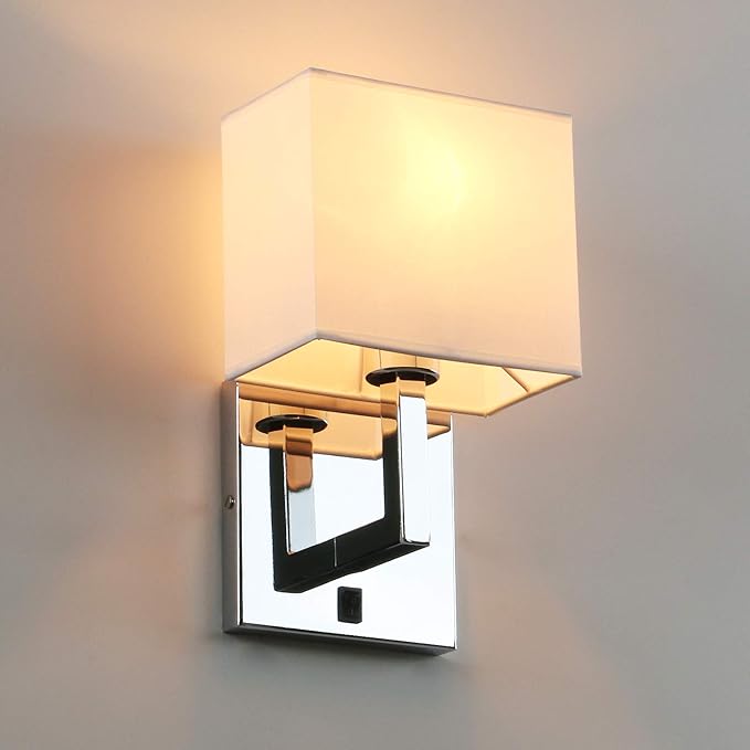 PERMO Single Wall Sconce Light Fixture Chrome Finish with White Textile Shades and On/Off Switch Button Small Modern Nightstand Lamps for Bedrooms Bedside Reading