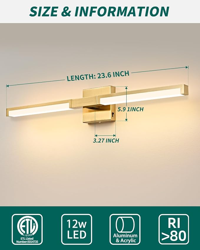 24 Inch Bathroom Vanity Light Fixtures, Gold Modern Light Fixtures Over Mirror, 12W 5CCT Dimmable Wall Light