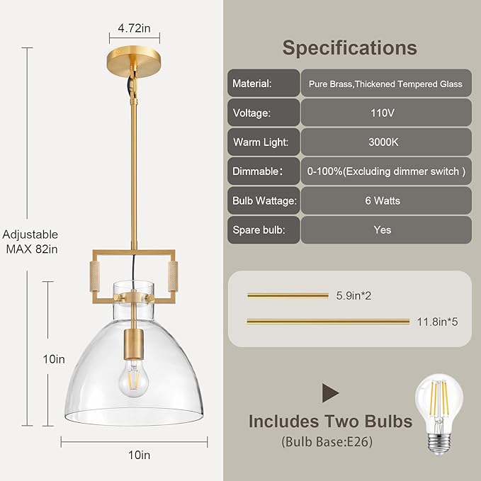 Mondern Large Gold Kitchen Island Pendant Light, 10 '' W 1-Light Glass and Brass Island Pendant Lights,Dome Pendant Light, for Kitchen,Dining Room,Bathroom,Bar