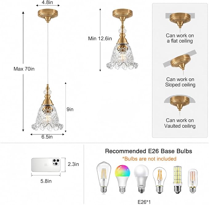 Vintage Pendant Lights Set of 2 Glass Kitchen Pendant Lighting over Island | Height adjustable,E26 base, work on different ceiling,Combined Ceiling and pendant,6.5in pendant lights for kitchen island