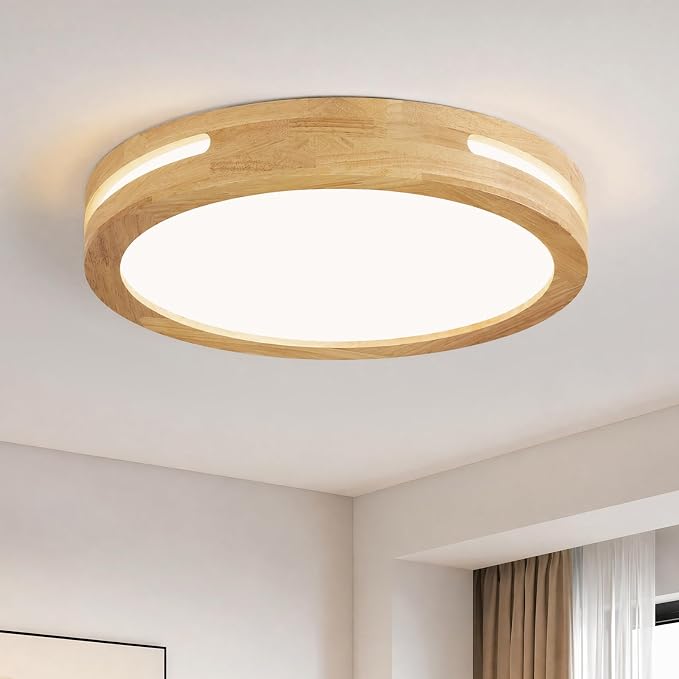 Pevfah Modern Wood Flush Mount Ceiling Light, Round Dimmable Close to Ceiling Lighting Fixtures, Minimalist LED Ceiling Lamp for Bedroom, Kitchen, Hallway, Laundry Room, 2700K-6000K 5CCT, 11.81in