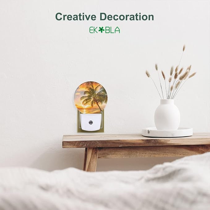 EKOBLA Sunset Beach Night Light, Summer Seaside and Palm Tree Night Lights Plug Into Wall with Auto Sensor for Home Decor