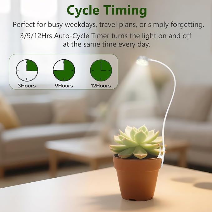 Grow Lights for Indoor Plants, 4000K Full Spectrum Plant Lights for Indoor Growing, 10 Brightness & 360° Adjustable Gooseneck & 3/9/12H Timer, Clip-on Small Grow Light for Succulents, Small Plant