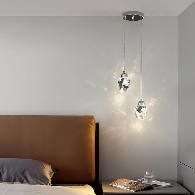Modern Crystal Pendant Light, Silver Crystal Pendant Light LED 3 Colors for Kitchen Island Bedroom Living Room Dining Room Lighting (Round Base with 2 Heads)