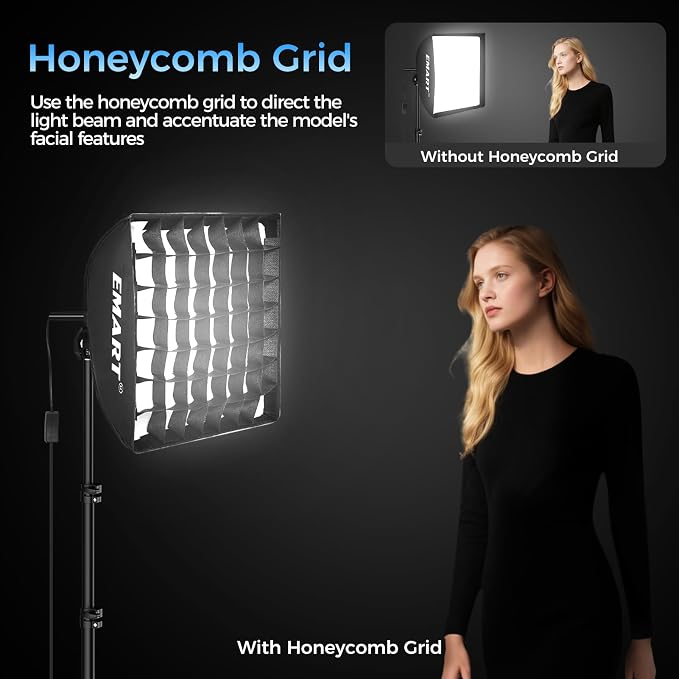 EMART Softbox Lighting Kit with Grid, 50W 16"x16" Soft Box for Photography | Pull Softbox, 3000K-6000K LED Bulb with Remote/APP Control, Photography Lighting for Video Recording,Streaming,Portrait 2Pack