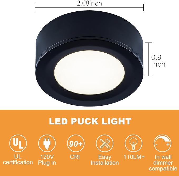 LUMILAND Wired LED Puck Lights 120V (2.7Wx5) Plug-in Lighting Warm White, LED Cabinet Light for Kitchen Can Be Surface Mount or Recess Mount, Black
