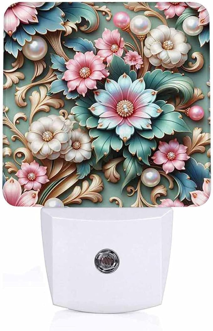 LED Night Light Lamp with Smart Sensor Dusk to Dawn Sensor,Floral Pink and Blue Flowers with Pearls Leaves Night Light Daylight White,0.5W Plug-into Wall for Adults,Bedroom,Hallway,Kitchen
