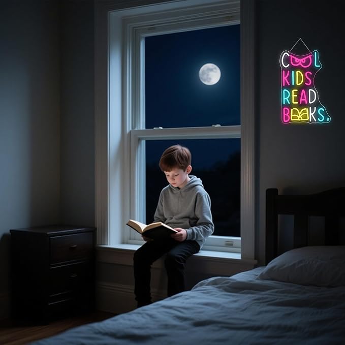 Cool Kids Read Books Neon Sign LED Light Reading Room Wall Decor | Dimmable Inspirational Light Up Sign for Kids Rooms, Classrooms, Libraries & Study Areas, LED Wall Decor Gift for Readers