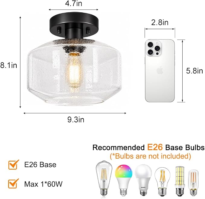 DSMJFU Black Semi Flush Mount Ceiling Light, Vintage Small Ceiling Light Fixture, Hallway Lighting Fixture with Bubble Glass, Kitchen Ceiling Mount Light for Entry Way, Bedroom, Bathroom
