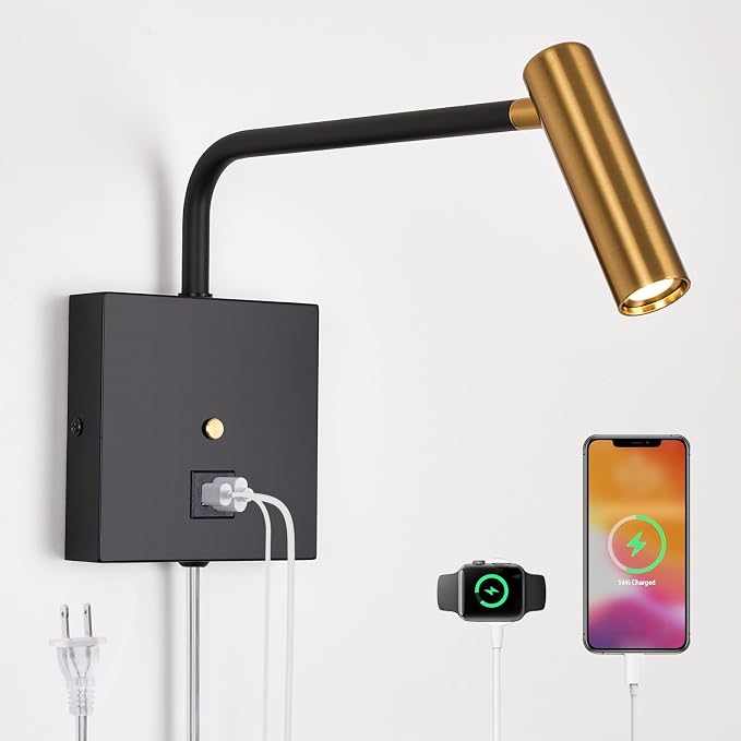 ZEROUNO LED Wall Lamp Wall Mounted Reading Lights, Dimmable Adjustable Headboard Plug in Wall Sconce with USB C+A Ports, Indoor LED Wall Lighting for Bedroom Bedside 3000K (Black)