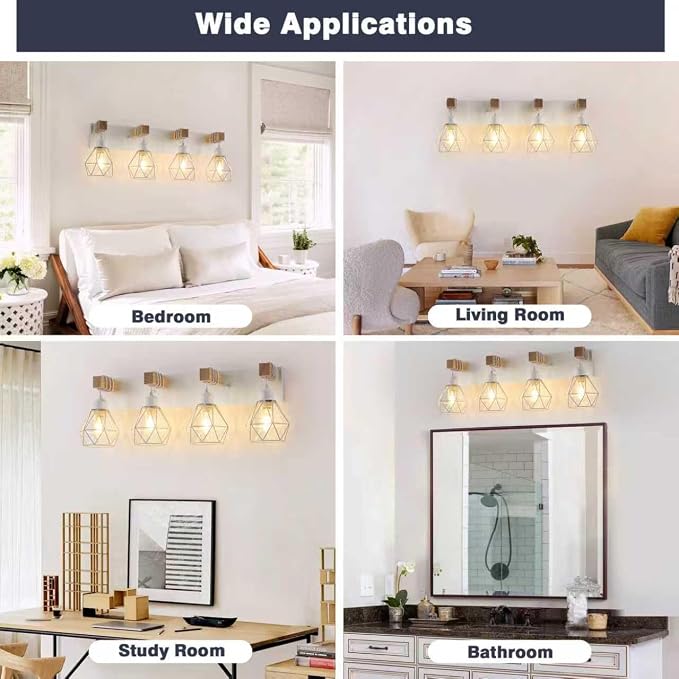 maesta 4 Light Bathroom Vanity Light, Farmhouse White Fixture Over Mirror | Farmhouse Bathroom Light Fixtures, Wood & Metal, Anti-Rust Easy to Install for Rustic Bathroom Hallway