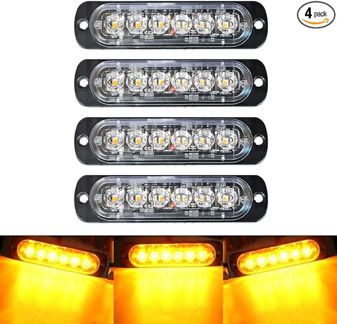 4-Pack 6 LED Amber Strobe Lights Vehicles Trucks Emergency Strobe Lights Kit 12V -24V Warning Hazard Flash Strobe Lights Bar Grill Grille Surface Mount Super Bright Waterproof