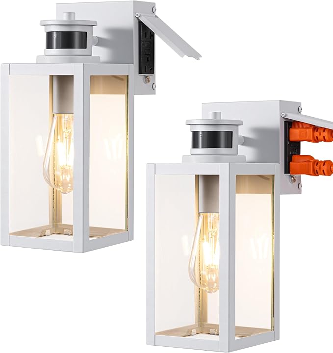 EDISHINE Porch Light with GFCI Outlet, Motion Sensor & 3 Modes, 12" H Dusk to Dawn Outdoor Wall Lights, Exterior Wall Sconce with Clear Glass for Front Door, Garage, Patio, White, 2 Pack