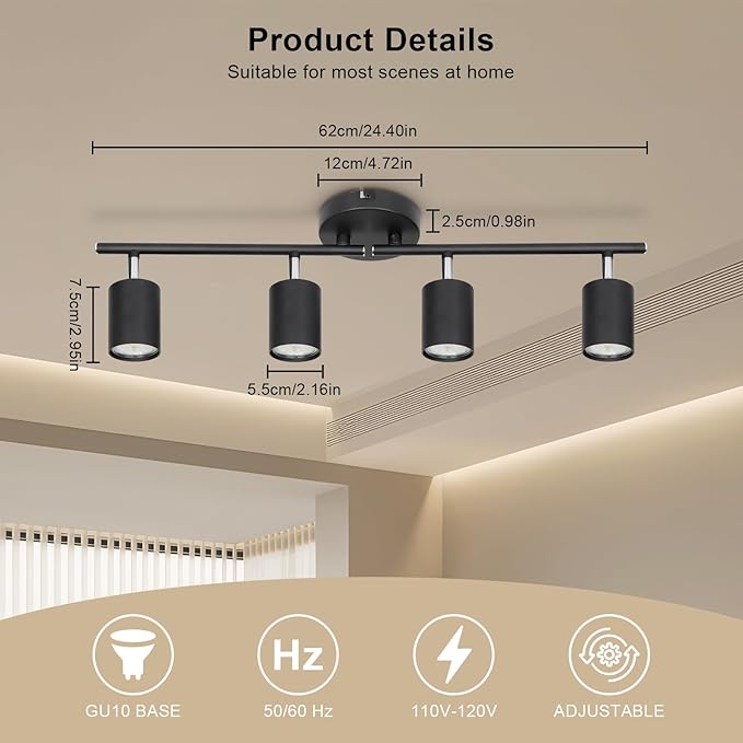 4-Light Track Lighting Fixtures Ceiling, GU10 Black Led Ceiling Spotlight, Modern Track Light Kit for Kitchen Hallway Living Room