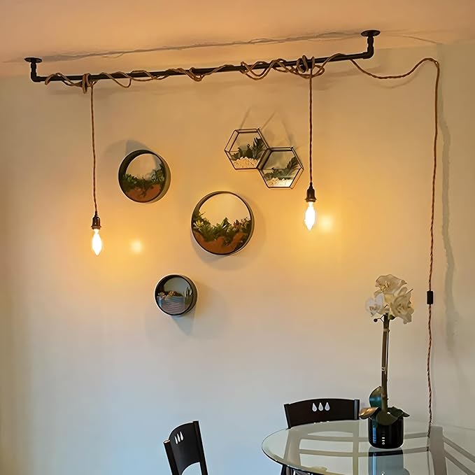2-Light Plug in Pendant Light Cord, 19.68 ft Hemp Rope Hanging Lights with Switch, 2 Bulbs E26 Sockets Vintage Hanging Lamp Fixtures DIY for Kitchen Island Dining Room Bedroom