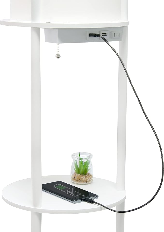 Simple Designs 62.5" LF2010-WHT Round Modern Shelf Etagere Organizer Storage Floor Lamp with 2 USB Charging Ports, 1 Charging Outlet and Linen Shade for Living Room Bedroom Office, White