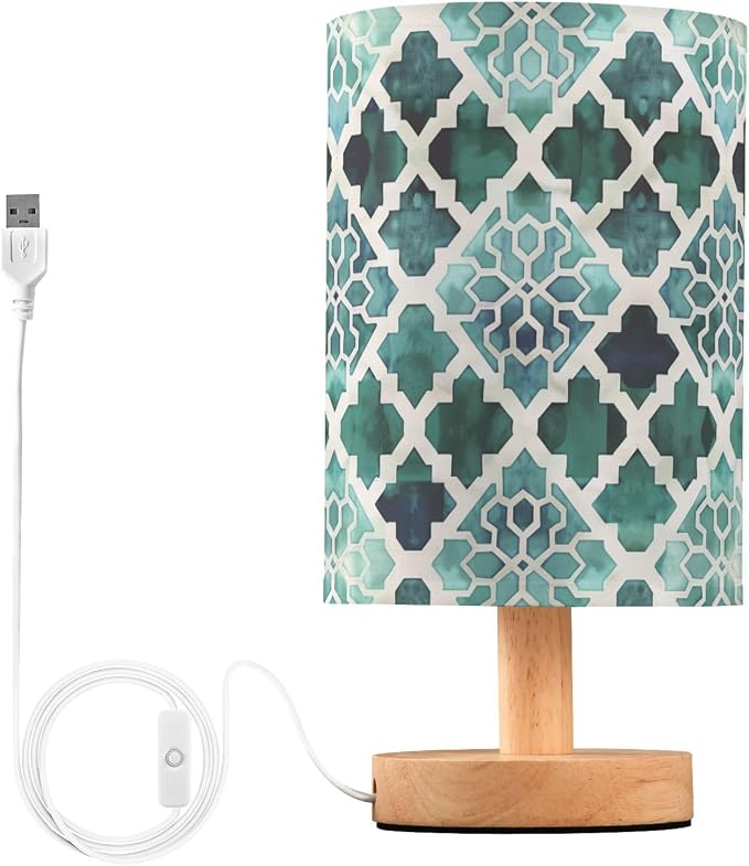 Fustylead Teal Green Moroccan Tile Table Lamp for Bedroom USB Port Lamps Small Accent Table Lamp Nightstand Lamp Sturdy Linen Shade Wooden Base Decorative Lamps for Bedside Reading|Kids|Dorm|Home