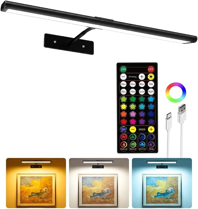 EZVALO Picture Light for Wall, 4800mAh Rechargeable Wireless Black Lights for Painting, 16In Dimmable Magnetic LED RGB Art Display Light, Colors Temperatures, for Gallery, Living Room, Hallway
