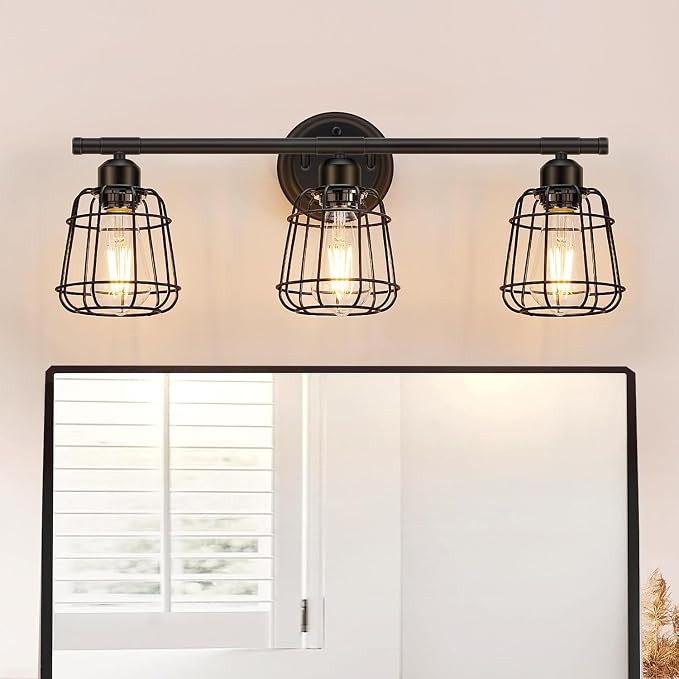 3-Light Bathroom Light Fixtures Over Mirror, Matte Black Bathroom Vanity Light with Cage, E26 Base Farmhouse Wall Sconces for Bedroom Cabinets Living Room, UL Listed
