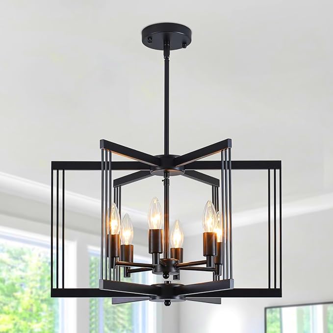 LASENCHOO Modern Black Chandelier for Dining Room Light Fixture, 6 Lights Geometric Pendant Lights Kitchen Island, Industrial Metal Chandeliers for Entryway Kitchen Living Room Foyer Lighting Fixtures
