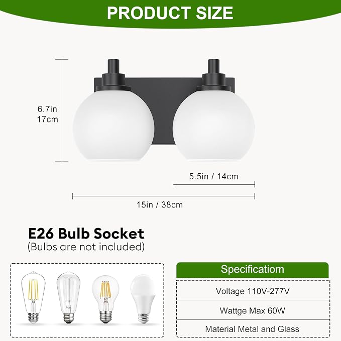 IZORRO Bathroom Light Fixtures, 2-Light Matte Black Vanity Light, Modern Wall Sconces with Globe Milk White Glass Shade, Vanity Lighting Fixtures Over Mirror,E26 Bulb Socket