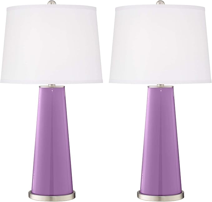 Leo 29 1/2" Tall Table Lamps Set of 2 African Violet Purple Modern | Cylinder Brushed Nickel Glass Living Room Bedroom Bedside Nightstand House Office Home Reading White Shade end