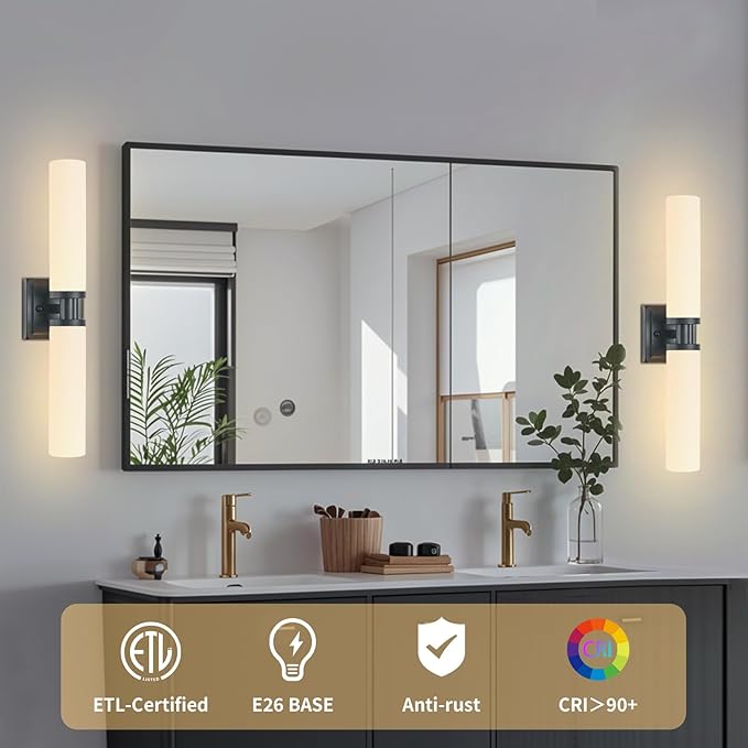 Black Wall Sconces Set of Two, 32 Inch Bathroom Sconces with Frosted Glass, Modern Sconces Wall Light Fixtures for Bathroom Mirror Living Room Bedroom Hallway (Bulbs Not Included)